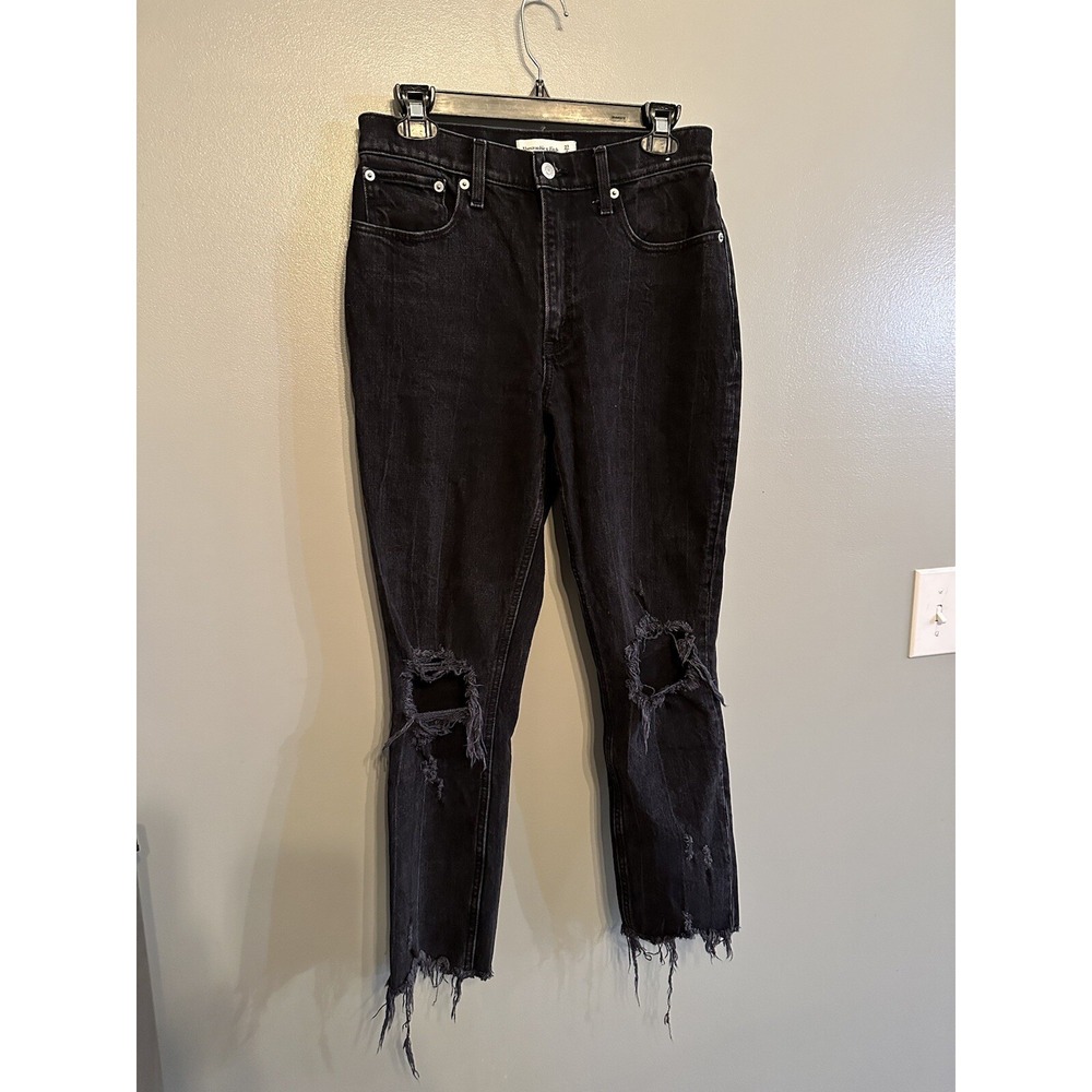 Abercrombie & Fitch High Rise Mom Jeans Women's 27/4S Black Distressed Fringe
